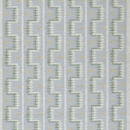 Blue Scandinavian-patterned rug runner with mint zigzag bands and small yellow dots.