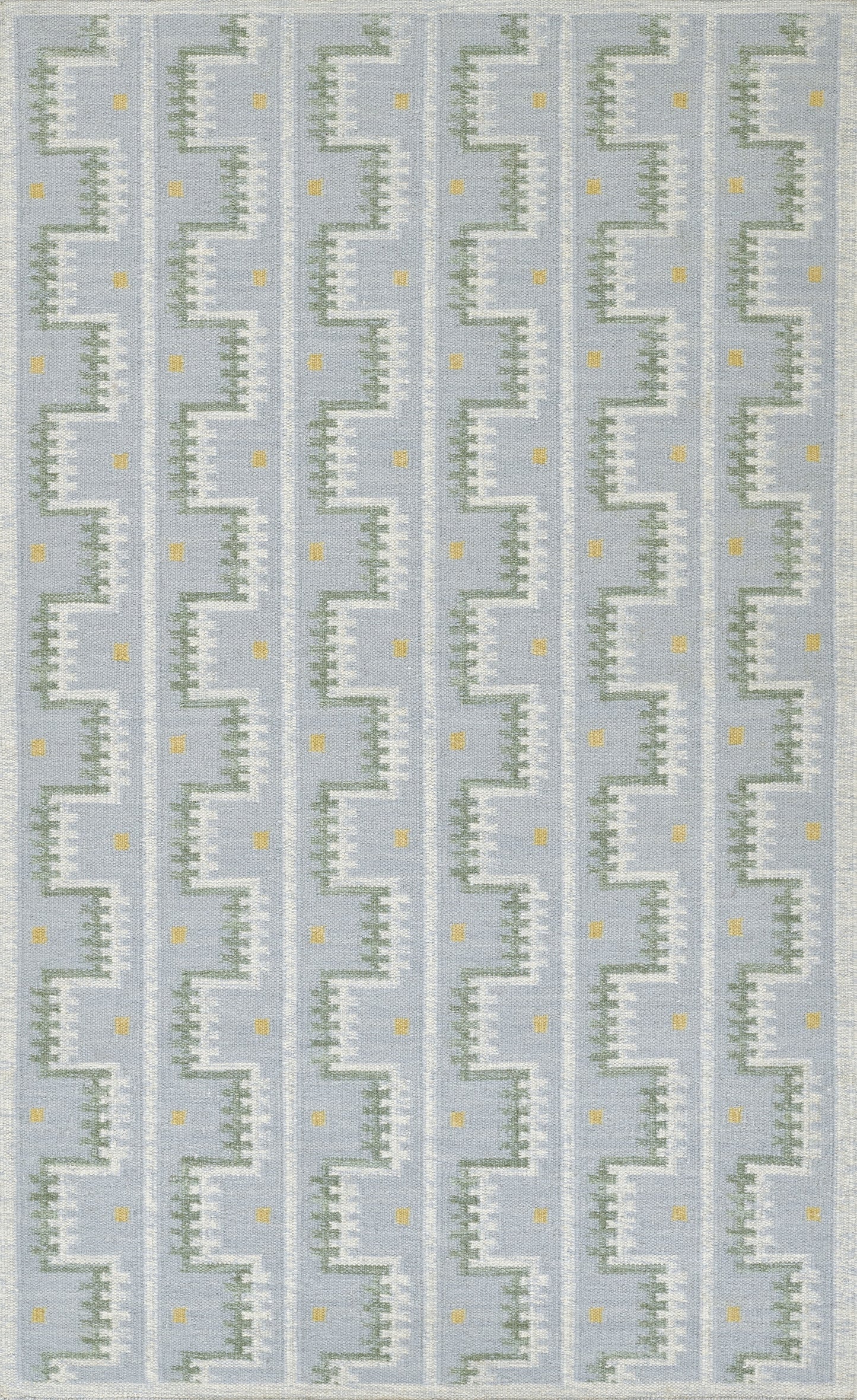 Blue-gray textile with white stepped zigzag motif and yellow dots; Scandinavian fabric for upholstery.