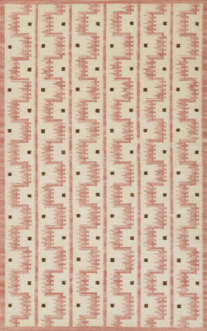 Cream fabric with repeating pink geometric pattern and small dark squares; Scandinavian-inspired textile for upholstery.