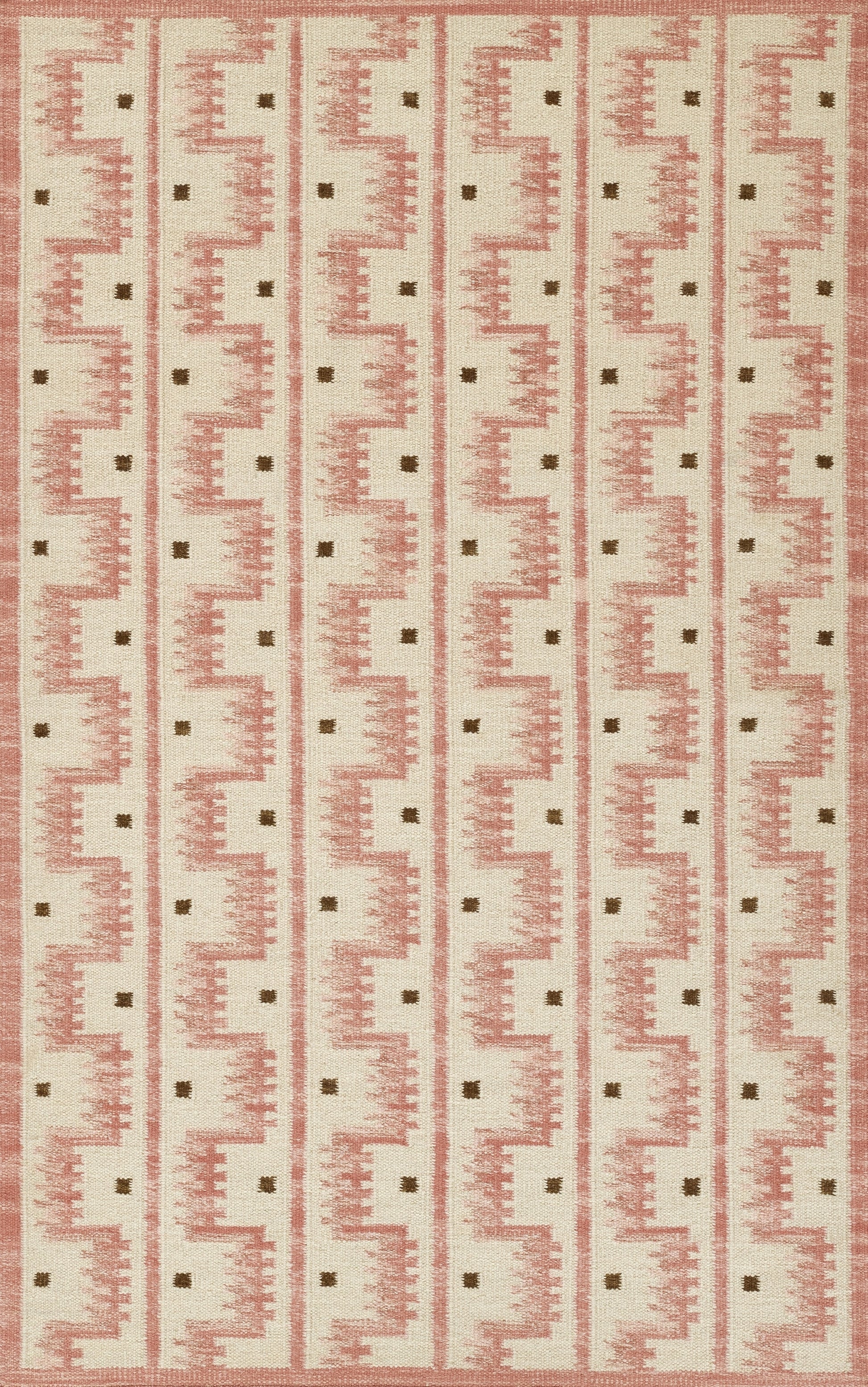 Beige woven fabric with vertical pink geometric motifs and tiny black squares, Nordic-inspired textile for upholstery or rug.