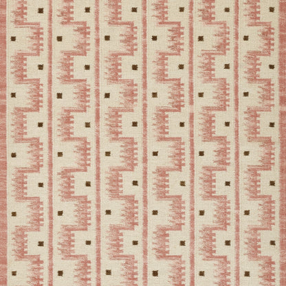 Cream rug with vertical pink Nordic geometric stripes and tiny brown dots; 5' x 8'.