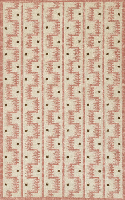 Beige rug with vertical pink Scandinavian geometric motifs and tiny black squares in a repeating pattern.