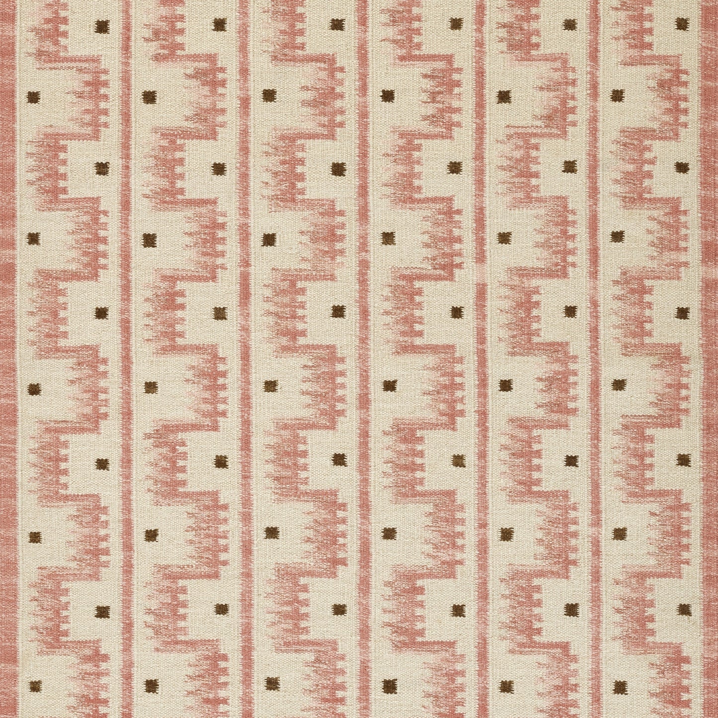 Beige fabric with pink geometric vertical stripe pattern and small brown squares; Scandinavian-inspired rug.