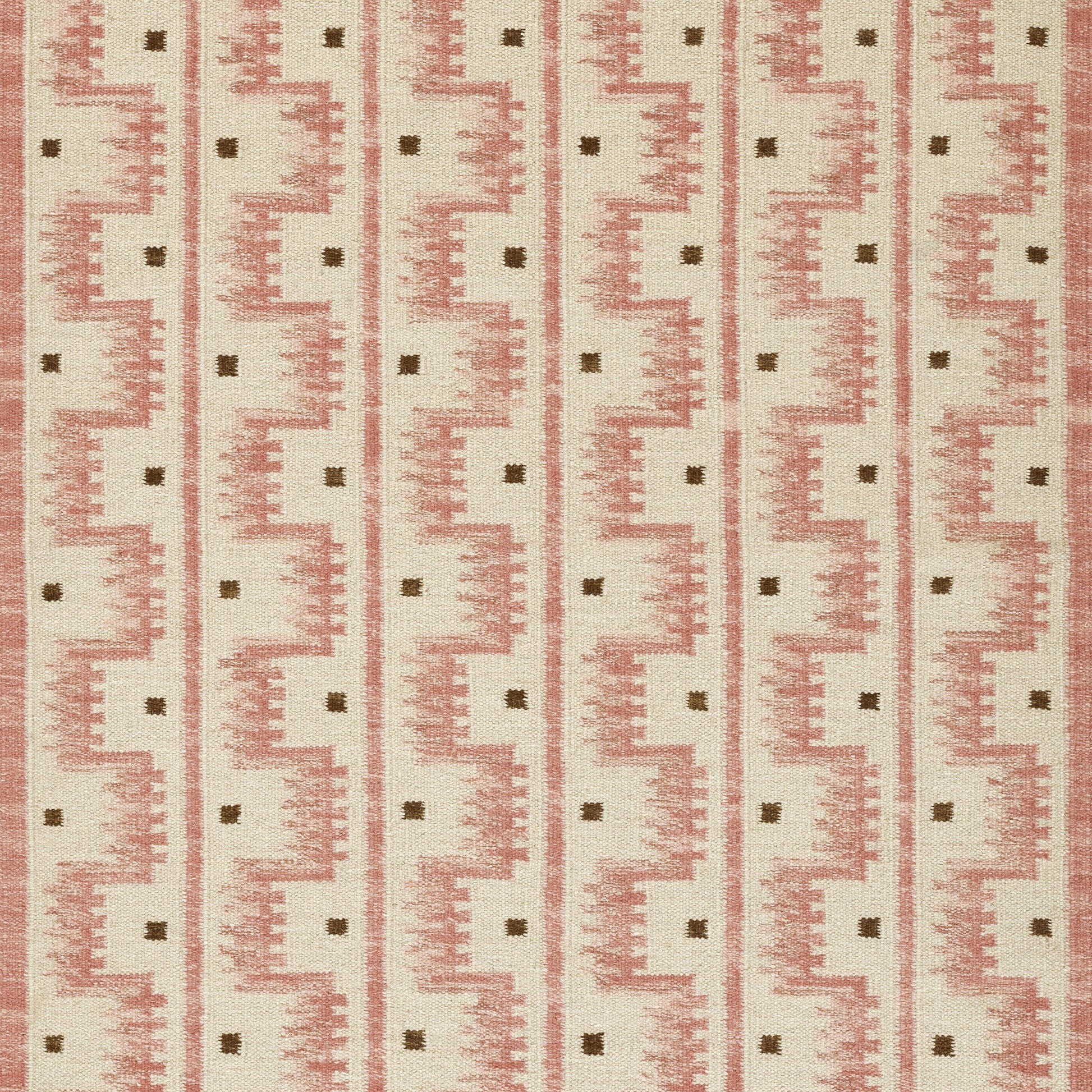 Beige fabric with pink geometric vertical stripe pattern and small brown squares; Scandinavian-inspired rug.