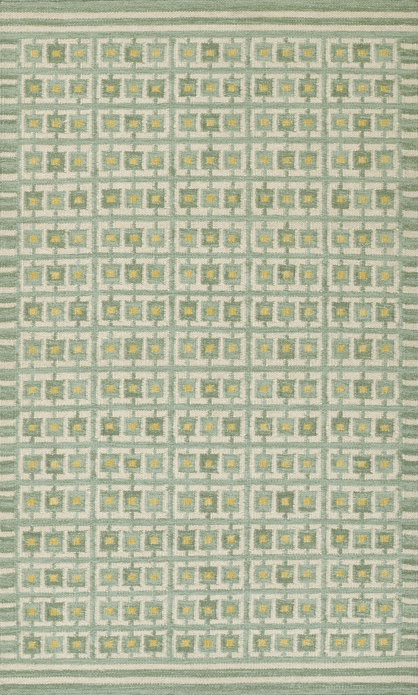 Scandinavian-style woven rug in pale green, cream & pale yellow with a geometric grid pattern.
