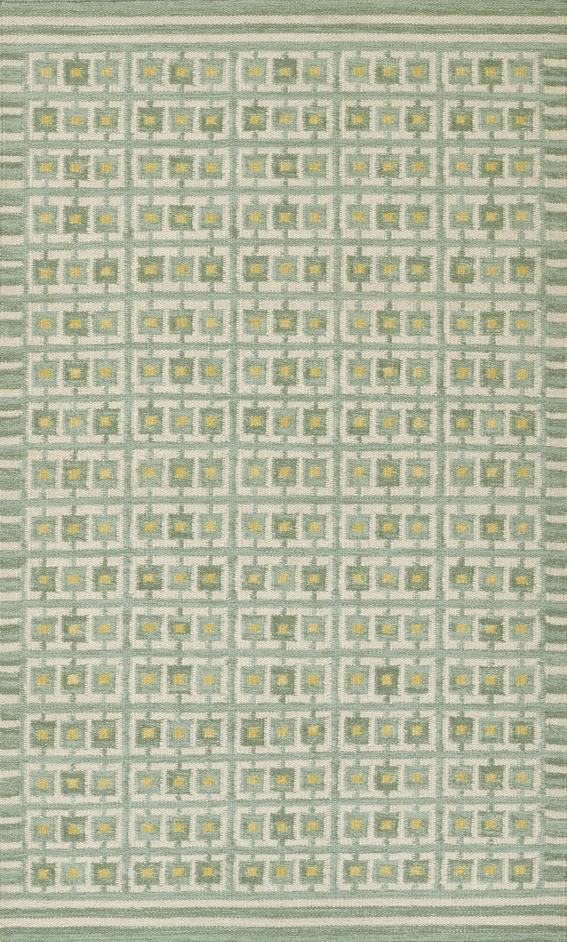 Scandinavian-inspired woven rug with a green grid pattern and yellow accents; versatile rug or wall decor.