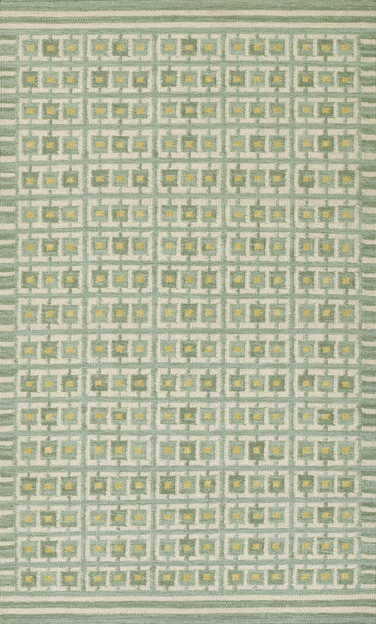 Scandinavian-inspired woven rug with a green grid pattern and yellow accents; versatile rug or wall decor.