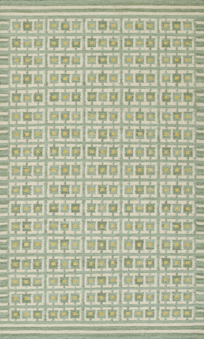 Woven geometric rug with green-gray grid of small squares and subtle yellow accents; Scandinavian-inspired pattern.