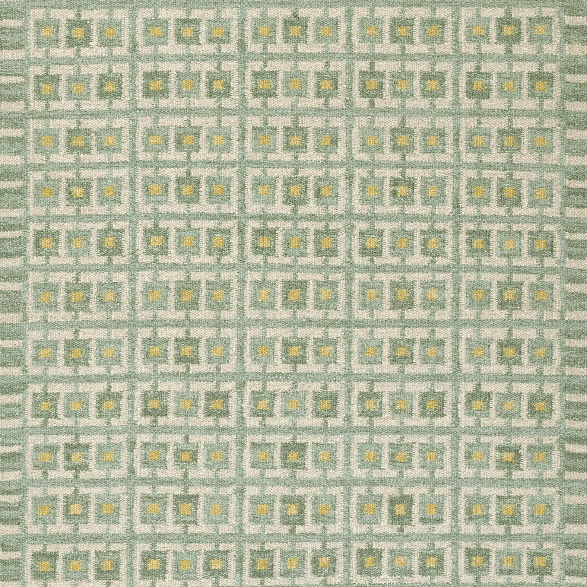 Mint green Scandinavian geometric fabric with repeating square grid and small yellow accents.