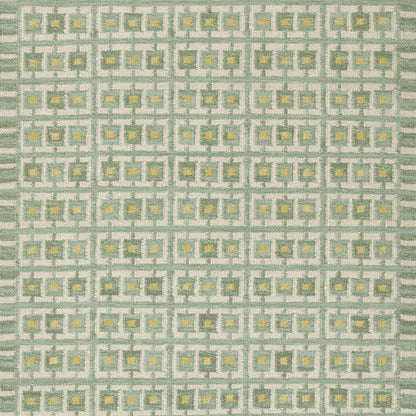 Mint green and gray repeating square lattice rug with small yellow centers.