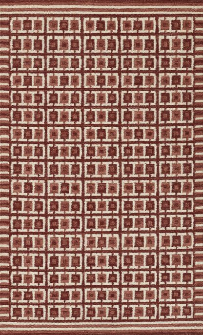 Rectangular red rug with cream geometric square grid pattern; Scandinavian-inspired woven textile.