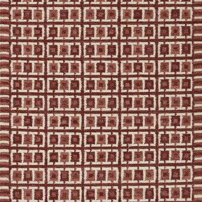Red fabric with cream interlocking square grid pattern; Scandinavian-inspired geometric textile.