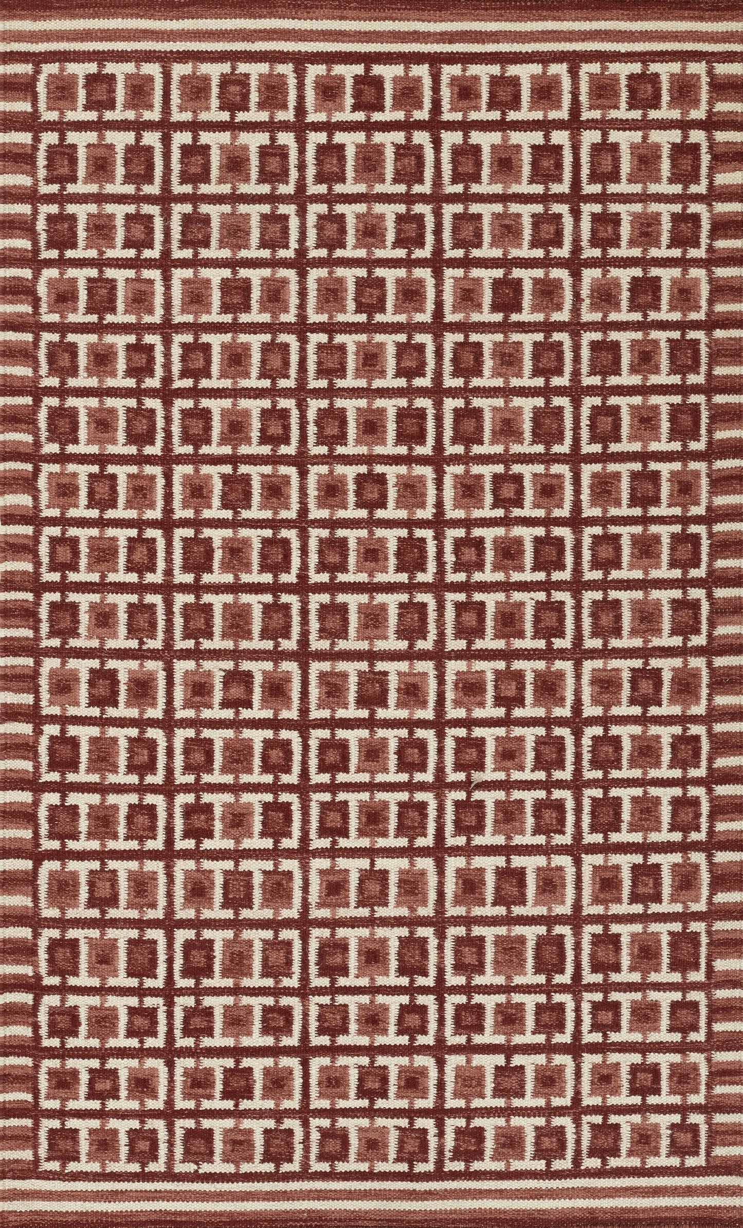 Red woven rug with cream square-grid geometric pattern; dense repeating weave for modern rustic decor.