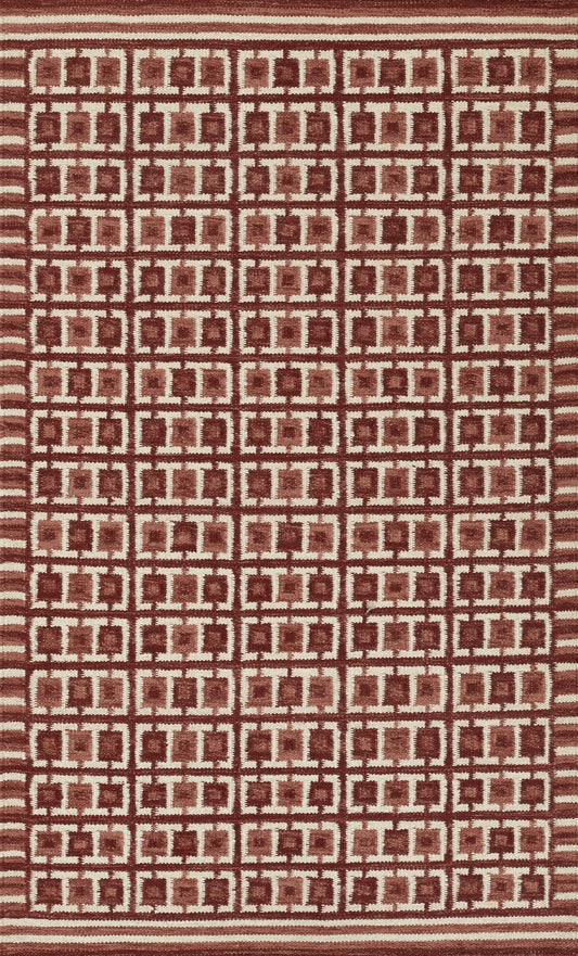 Red woven rug with cream square-grid geometric pattern; dense repeating weave for modern rustic decor.