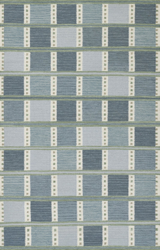 Scandinavian-blue woven fabric with repeating horizontal blue panels and vertical white-dotted bars, upholstery style.