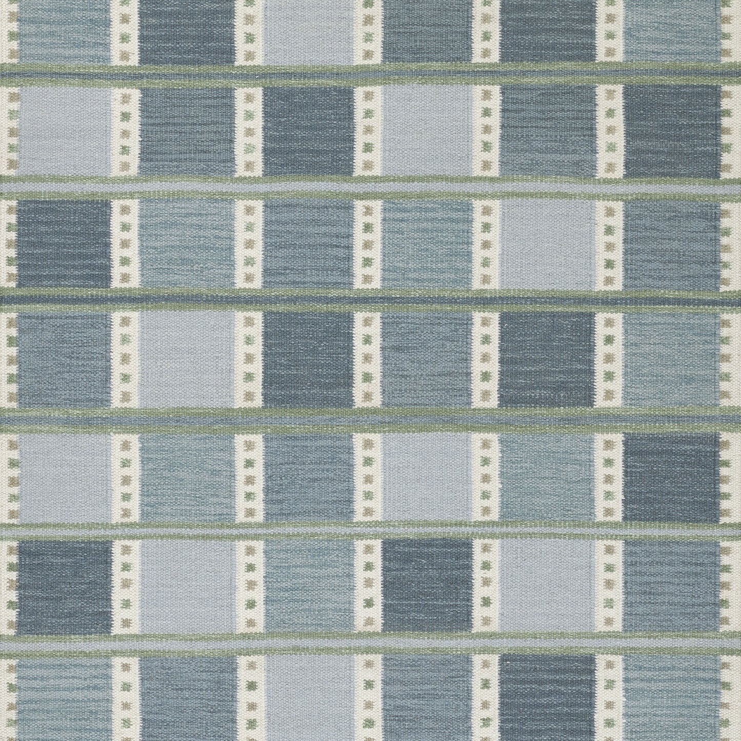 Scandinavian blue-gray woven rug with horizontal bands, pale green lines, and white dotted vertical accents.