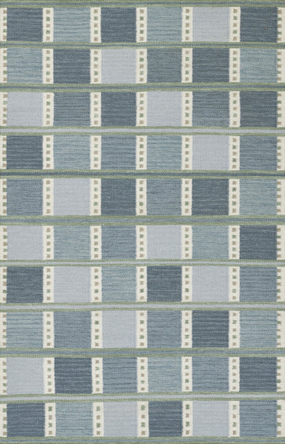 Scandinavian-style woven fabric with light blue and gray horizontal bands, olive-green trim, and vertical white dotted bars.