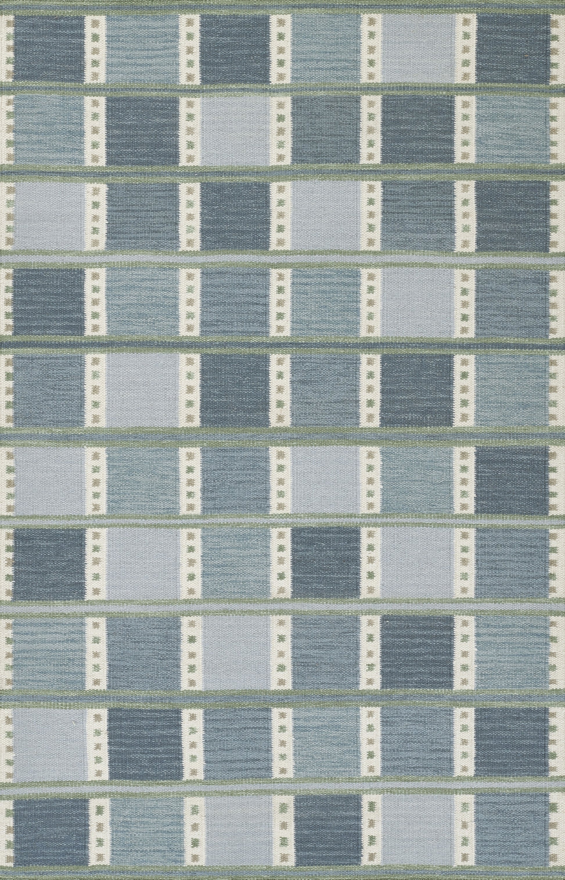 Blue woven textile with repeating white dotted vertical blocks and thin olive-green horizontal lines.