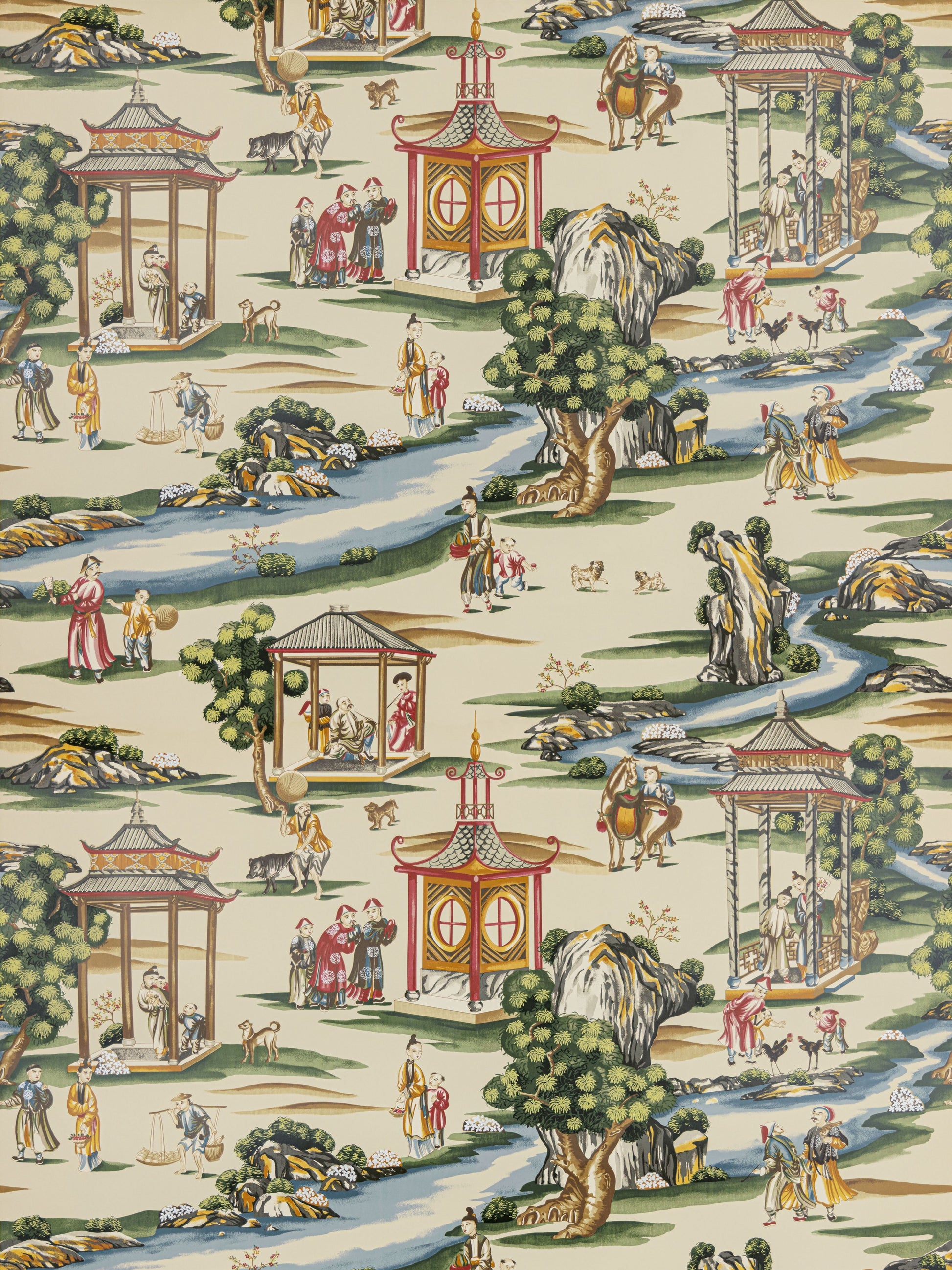 Chinoiserie garden wallpaper pattern with pagodas, pavilions, winding blue streams, trees and dressed figures on beige background.