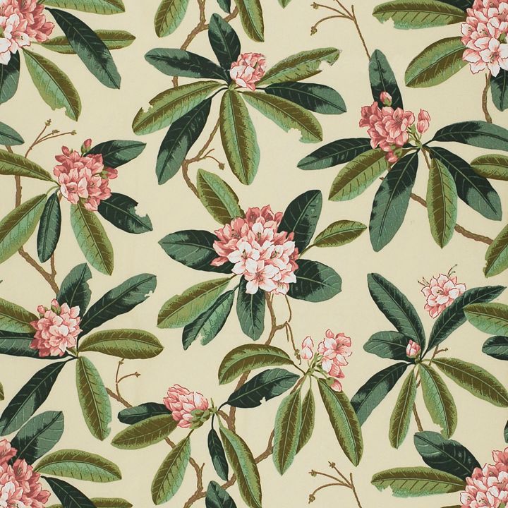 SCALAMANDRE OUTLET  FABRIC RHODODENDRON - OUTDOOR  FABRIC REDS , GREENS ON CREAM   - SC 000116454