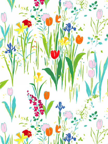 Watercolor floral pattern with pink, orange and yellow tulips, blue irises and green stems on white background