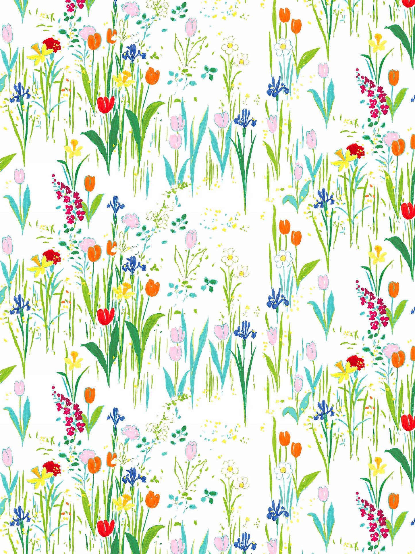 Watercolor floral pattern with green stems and bright pink, orange, yellow, blue and red blooms on white background.