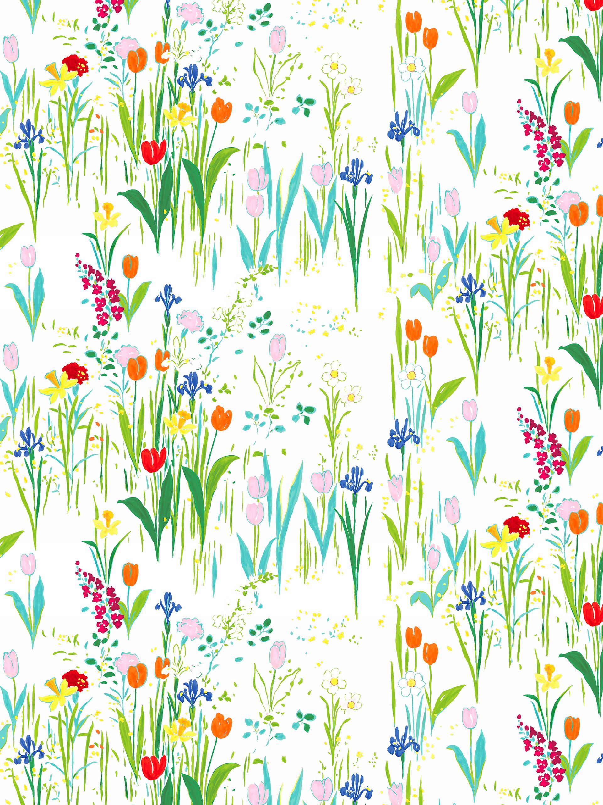 Watercolor floral pattern with green stems and bright pink, orange, yellow, blue and red blooms on white background.