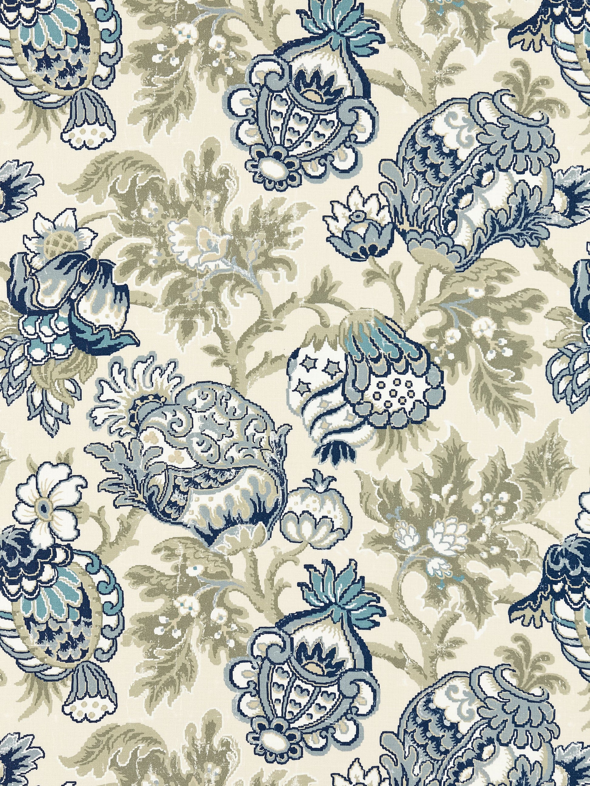 SCALAMANDRE  CANTERBURY LINEN PRINT FABRIC OYSTER & INDIGO   - SC 000116593