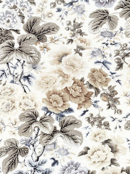 Floral fabric with beige, gray and blue roses and large leaves; vintage botanical print for upholstery or drapery.