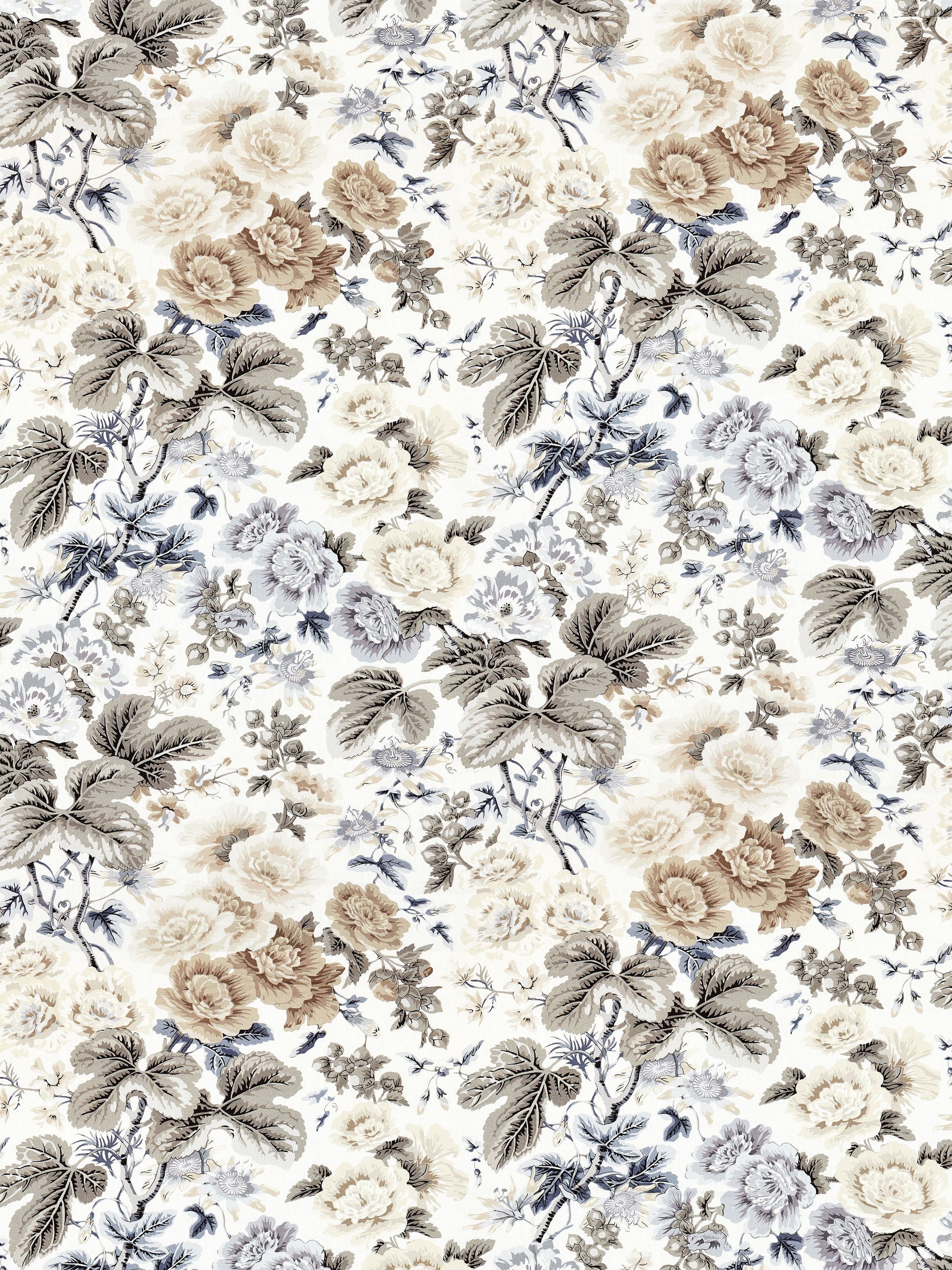 Vintage floral pattern with cream, beige and taupe roses and blue-gray leaves on light background.