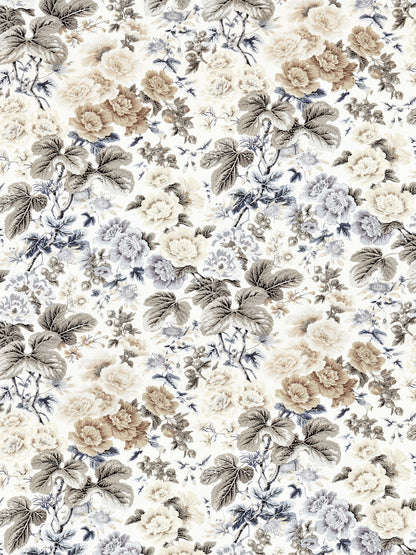 Vintage floral pattern with cream, beige and taupe roses and blue-gray leaves on light background.
