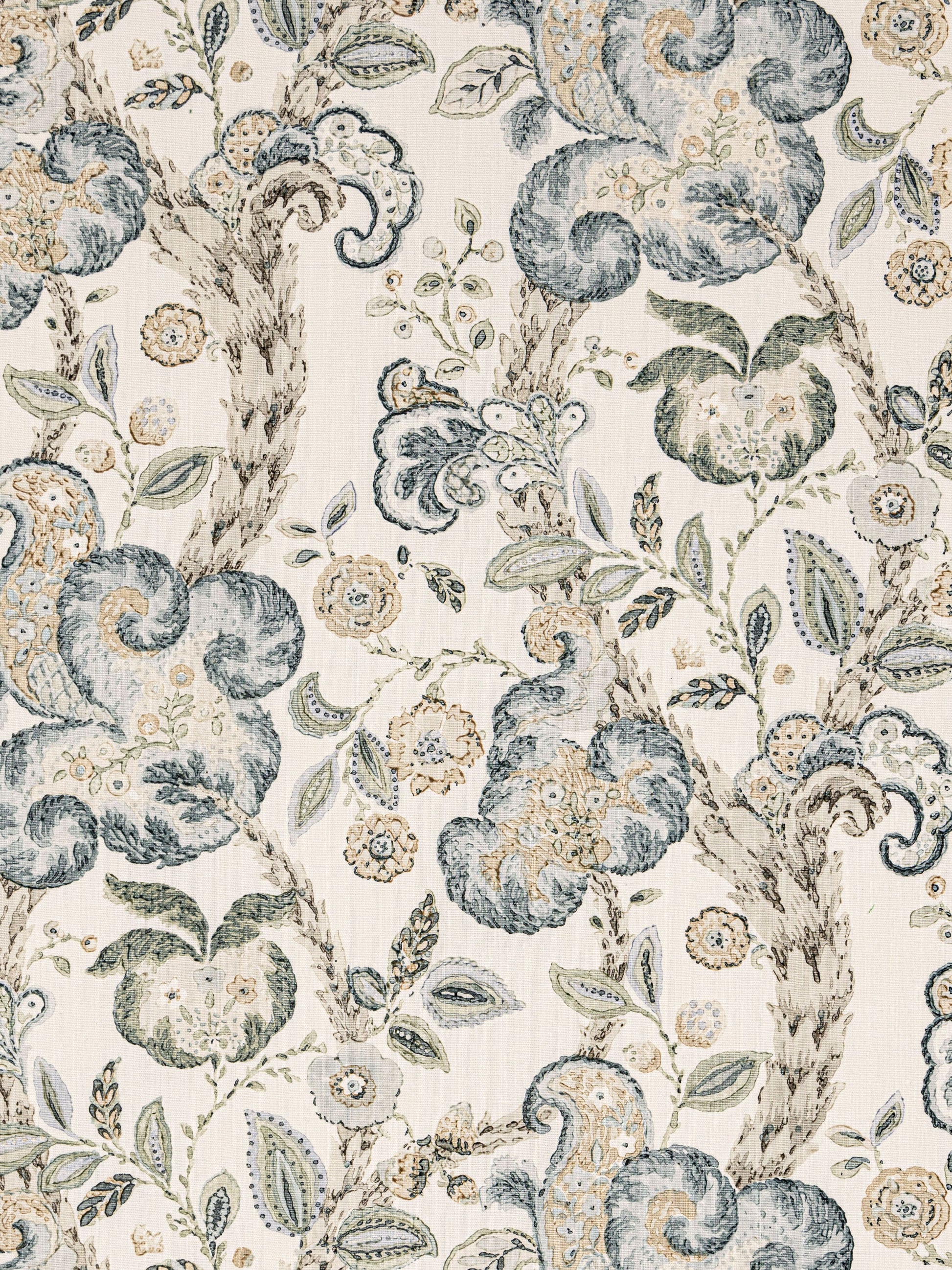 SCALAMANDRE  CUMBRIA HAND BLOCK PRINT FABRIC AQUAMARINE ON IVORY   - SC 000116603