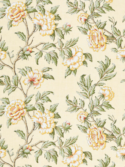 Cream-beige linen print fabric featuring yellow peony blossoms with pink centers and green leaves on brown branches.