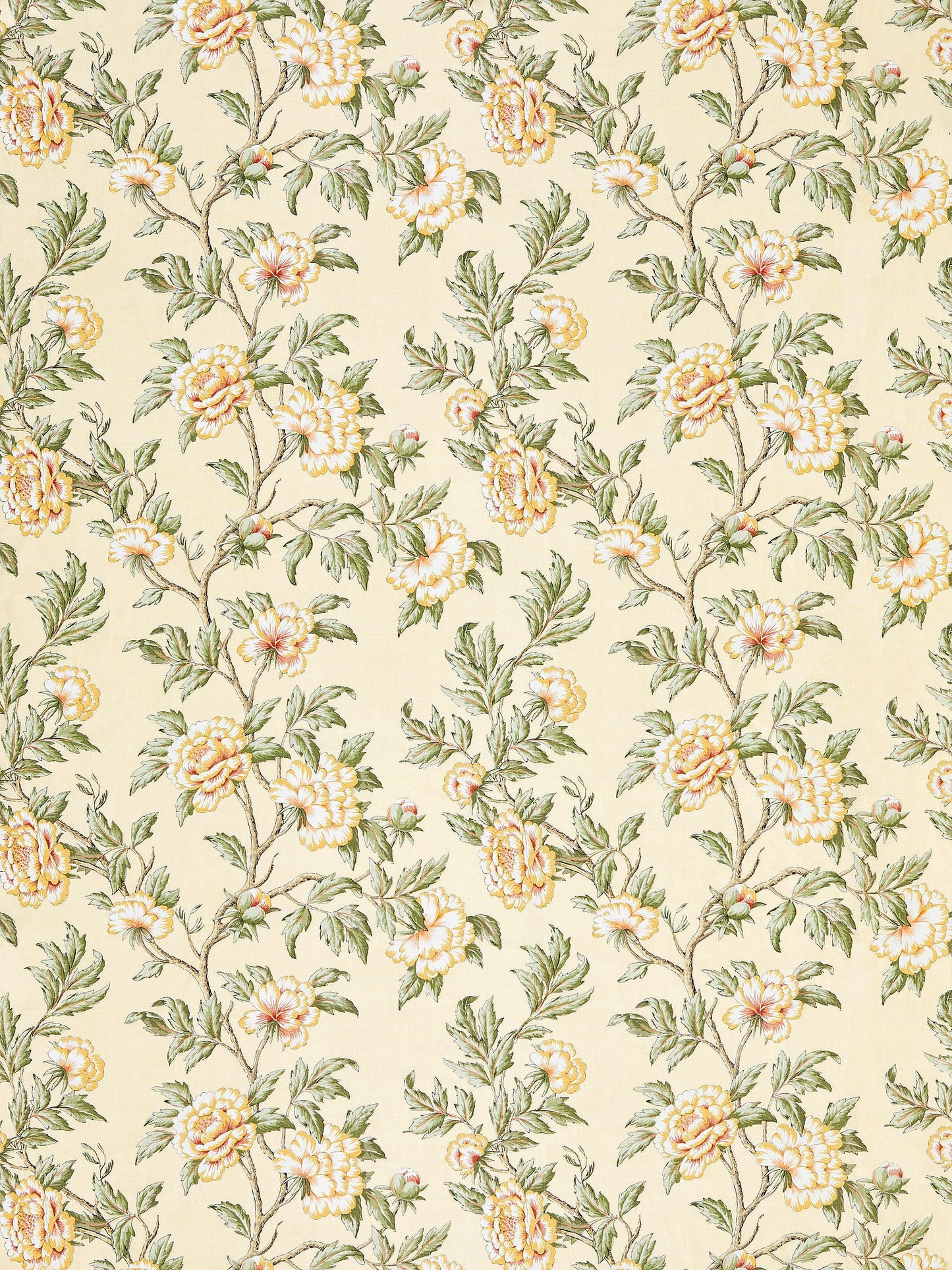 Beige linen fabric with botanical floral print featuring yellow peonies and green leaves in a vintage pattern.