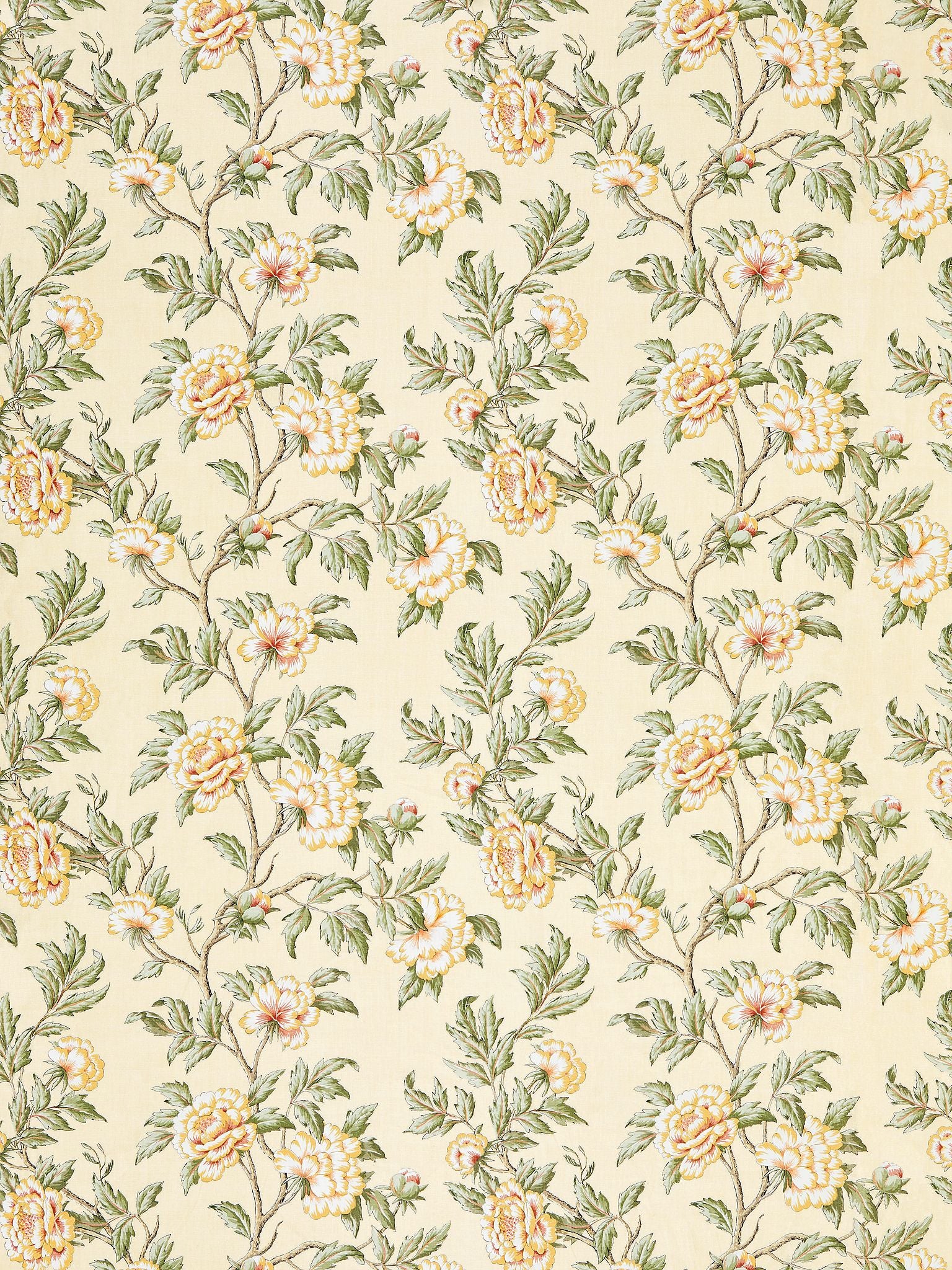 Beige linen fabric with botanical floral print featuring yellow peonies and green leaves in a vintage pattern.