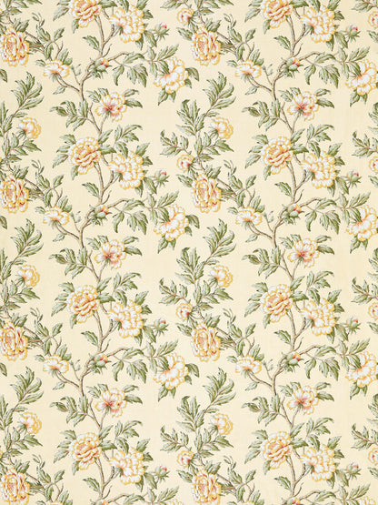 Beige linen fabric with botanical floral print featuring yellow peonies and green leaves in a vintage pattern.