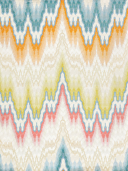 Vibrant ikat-inspired zigzag textile pattern in teal, orange, yellow, pink on cream background for rugs or upholstery.