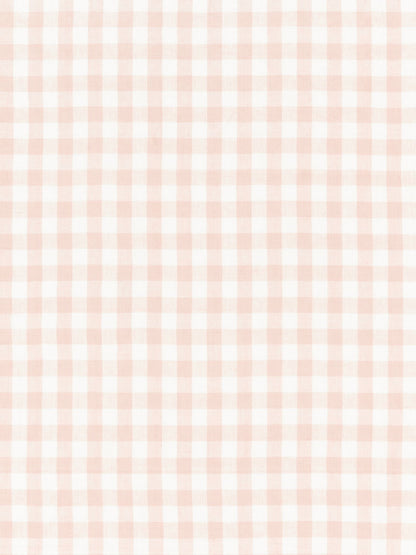 Pastel blush and white linen check fabric; soft checkered textile ideal for shirts, dresses, or table linens.