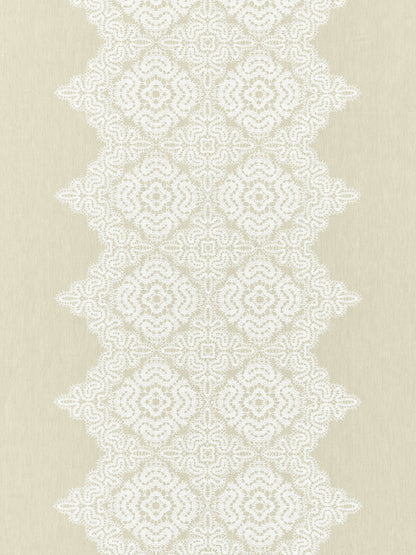 Beige fabric backdrop with a centered white lace trim of repeating floral medallion motifs and scalloped edges.