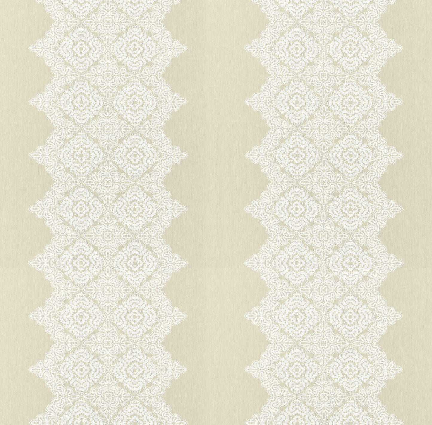Beige fabric with repeating vertical white lace damask diamonds, elegant vintage pattern.