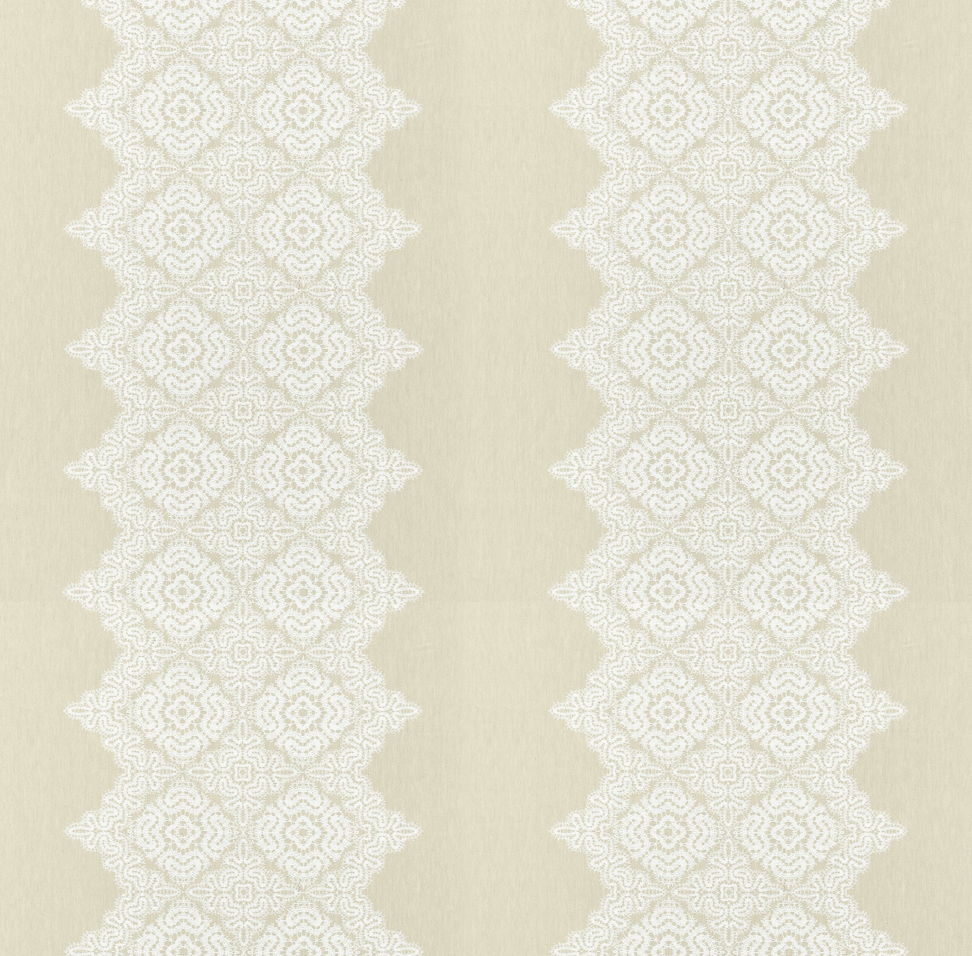 Beige fabric with repeating vertical white lace damask diamonds, elegant vintage pattern.