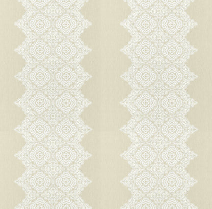 Beige fabric with repeating vertical white lace damask diamonds, elegant vintage pattern.