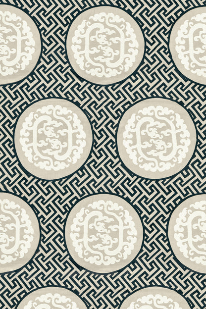 SCALAMANDRE  DRAGON'S FRET EMBROIDERY FABRIC BLACK & TAN   - SC 000127215 NEW SKU # SC272150001