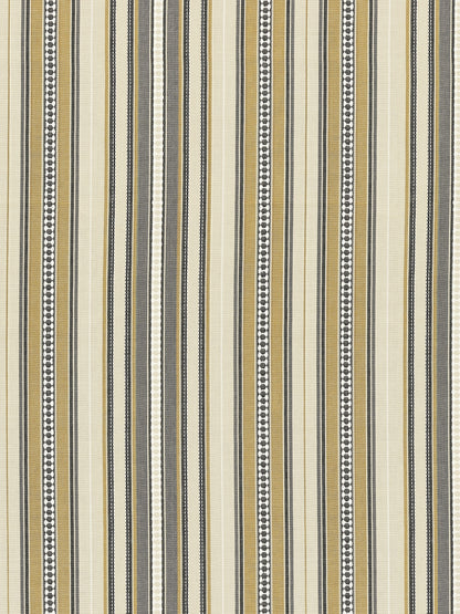 Vertical striped fabric in beige, tan, gray and black with dotted accent stripes.