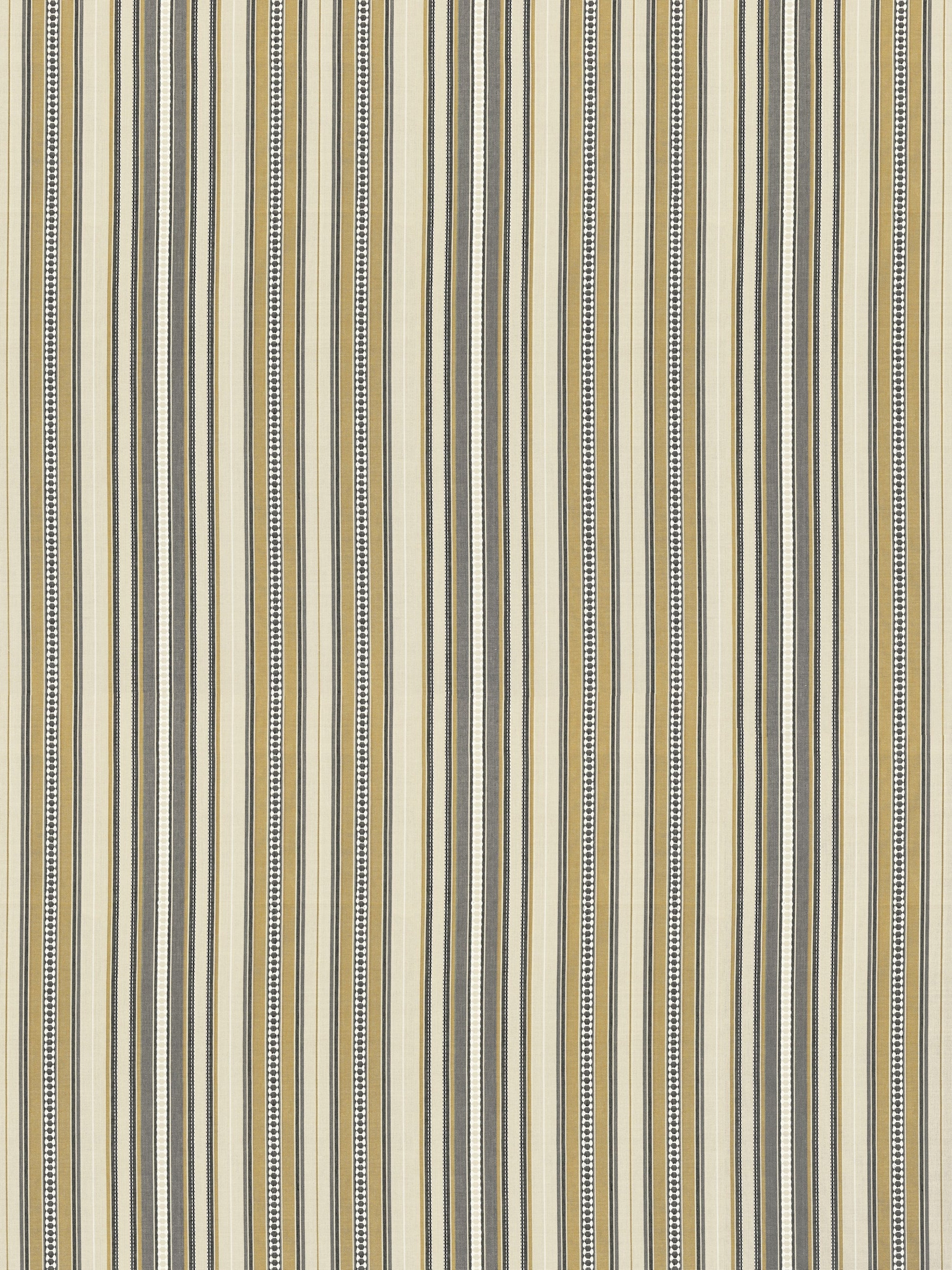 Beige, cream, gray & navy vertical striped fabric with dotted accent lines.