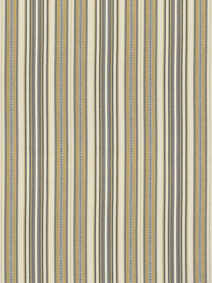 Beige, cream, gray & navy vertical striped fabric with dotted accent lines.