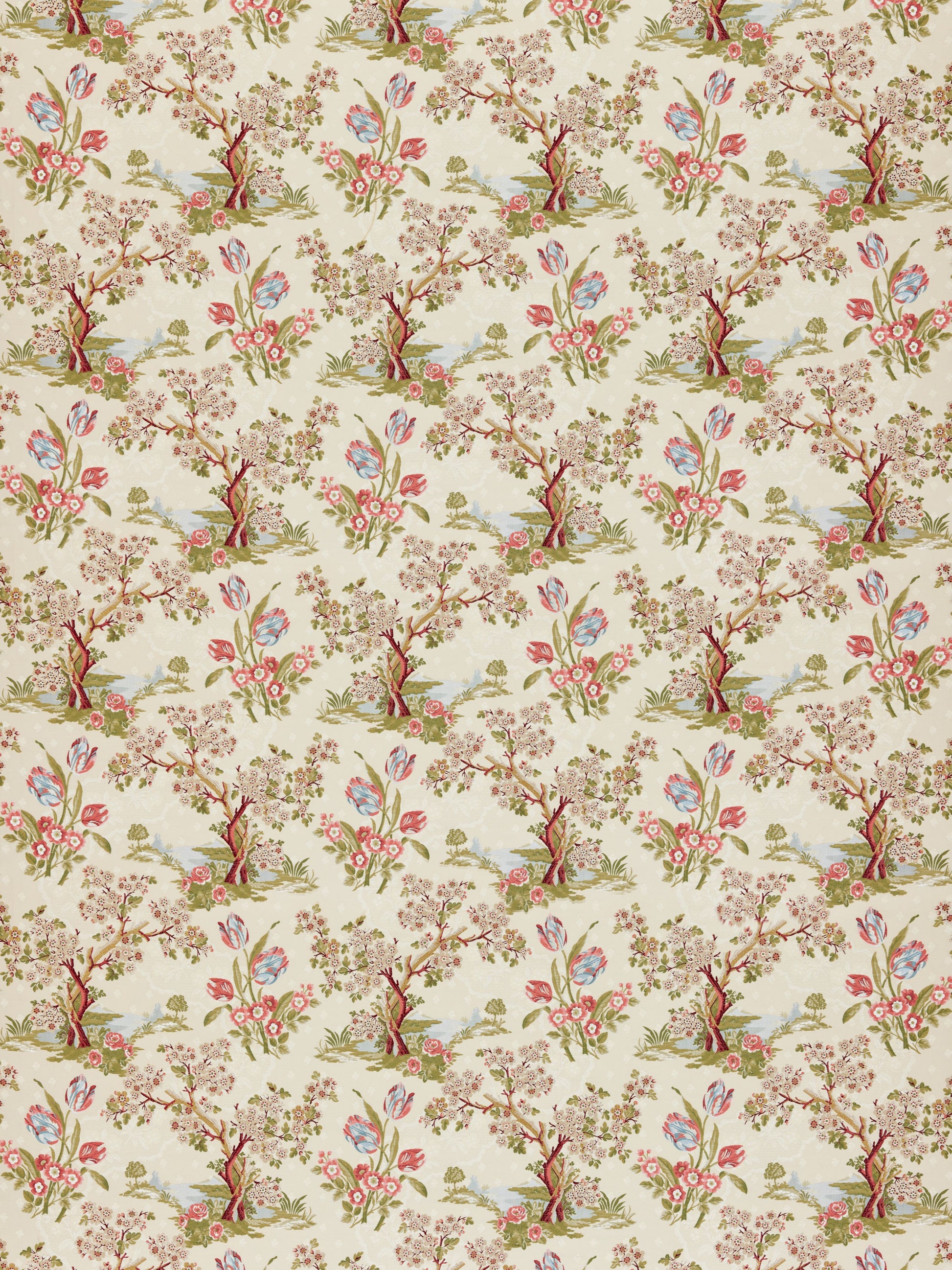 Floral pattern with pink blossoms, red branches, and blue-green leaves on a cream background; vintage fabric/wallpaper style