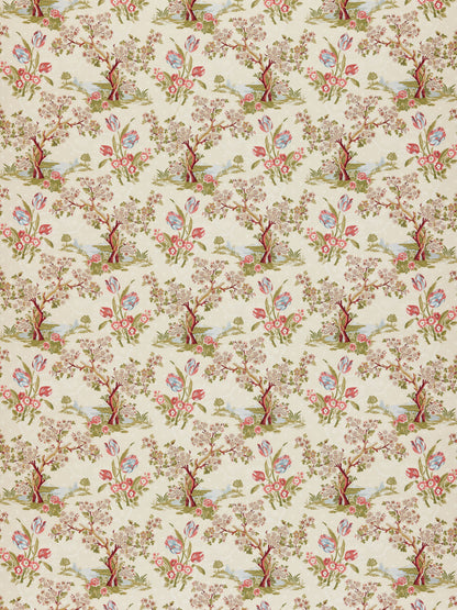 Floral pattern with pink blossoms, red branches, and blue-green leaves on a cream background; vintage fabric/wallpaper style