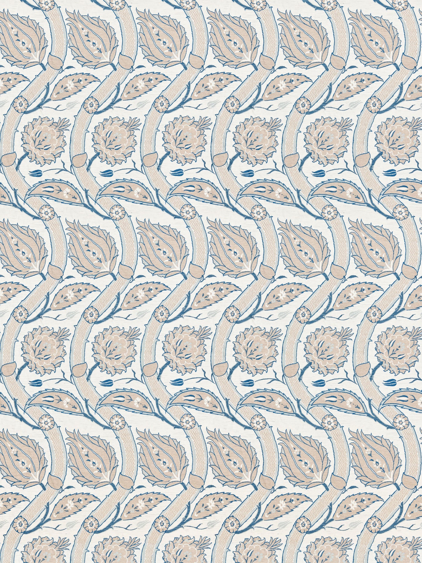 Seamless blue and cream damask floral pattern with curling vines and rounded blossoms.