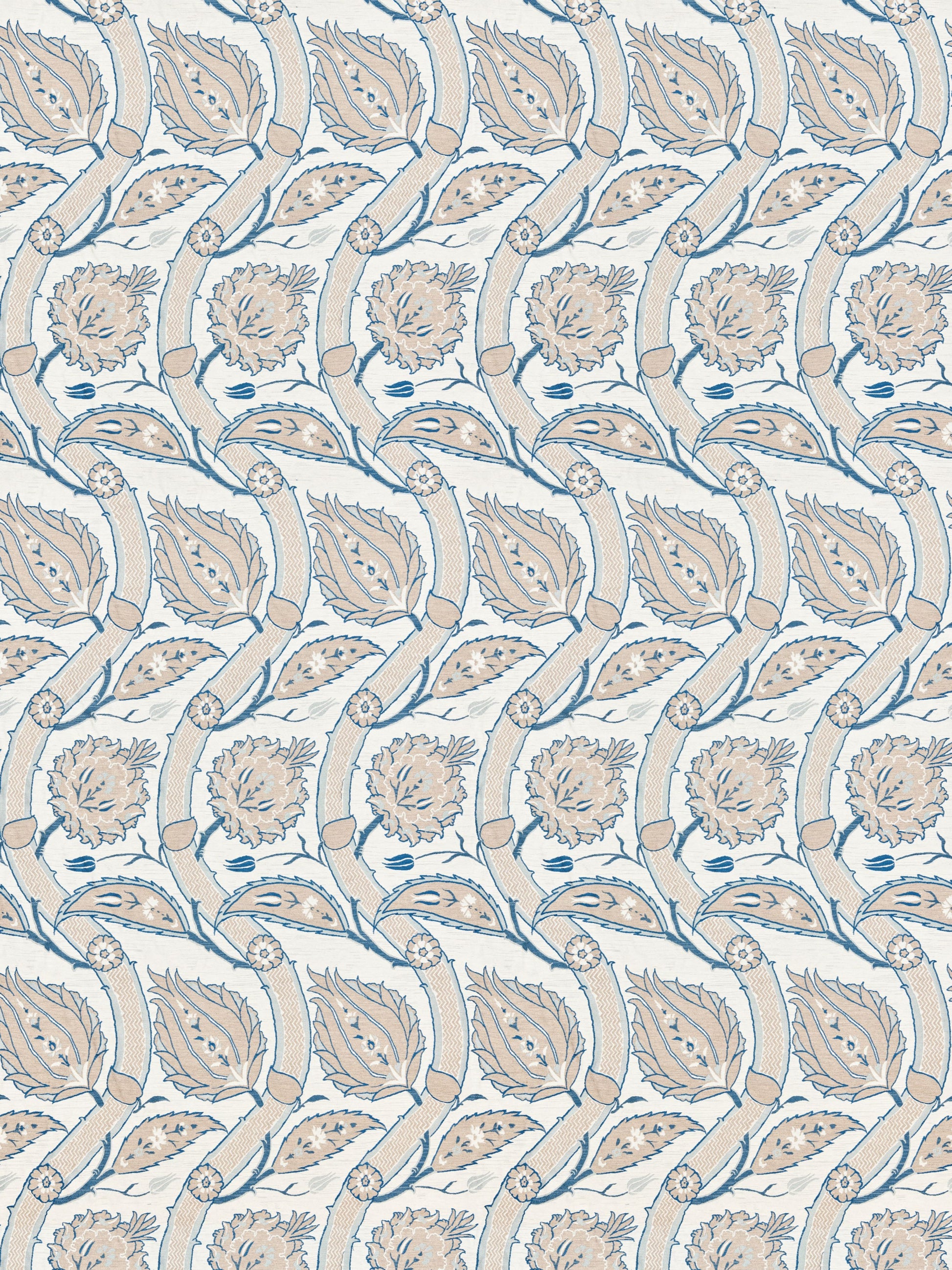Seamless blue and cream damask floral pattern with curling vines and rounded blossoms.